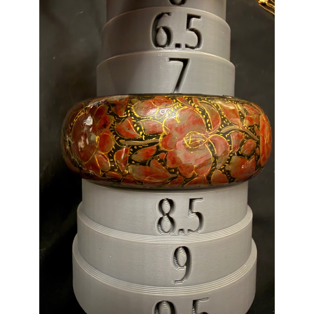Vintage Hand Painted Floral Lacquer Bangle Bracelet Red Gold Statement Jewelry